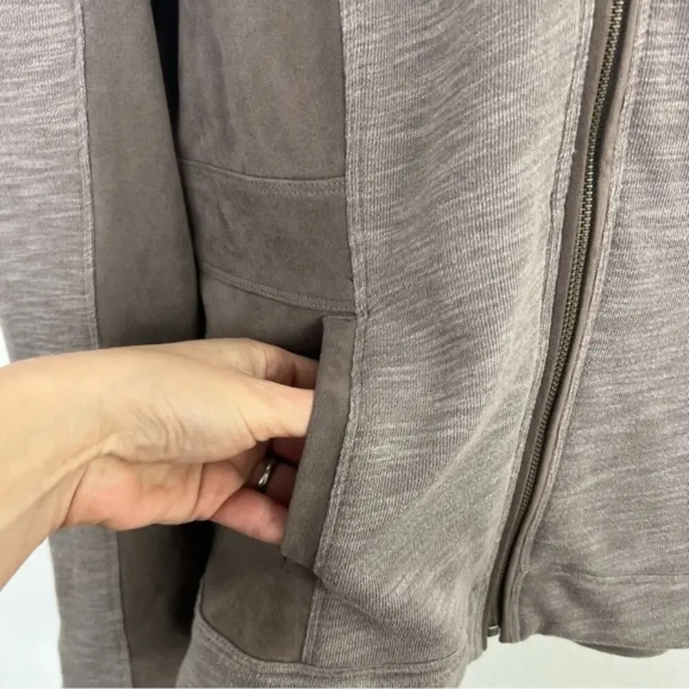 Anthropologie Akemi + Kin Taupe Abbe Full Zip Faux Suede Panel Hoodie Sweatshirt - Picture 14 of 15